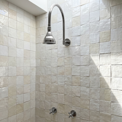 Polished Nickel Shower System with Round Rain Shower Head, Arcuate Arm and Cross Handles