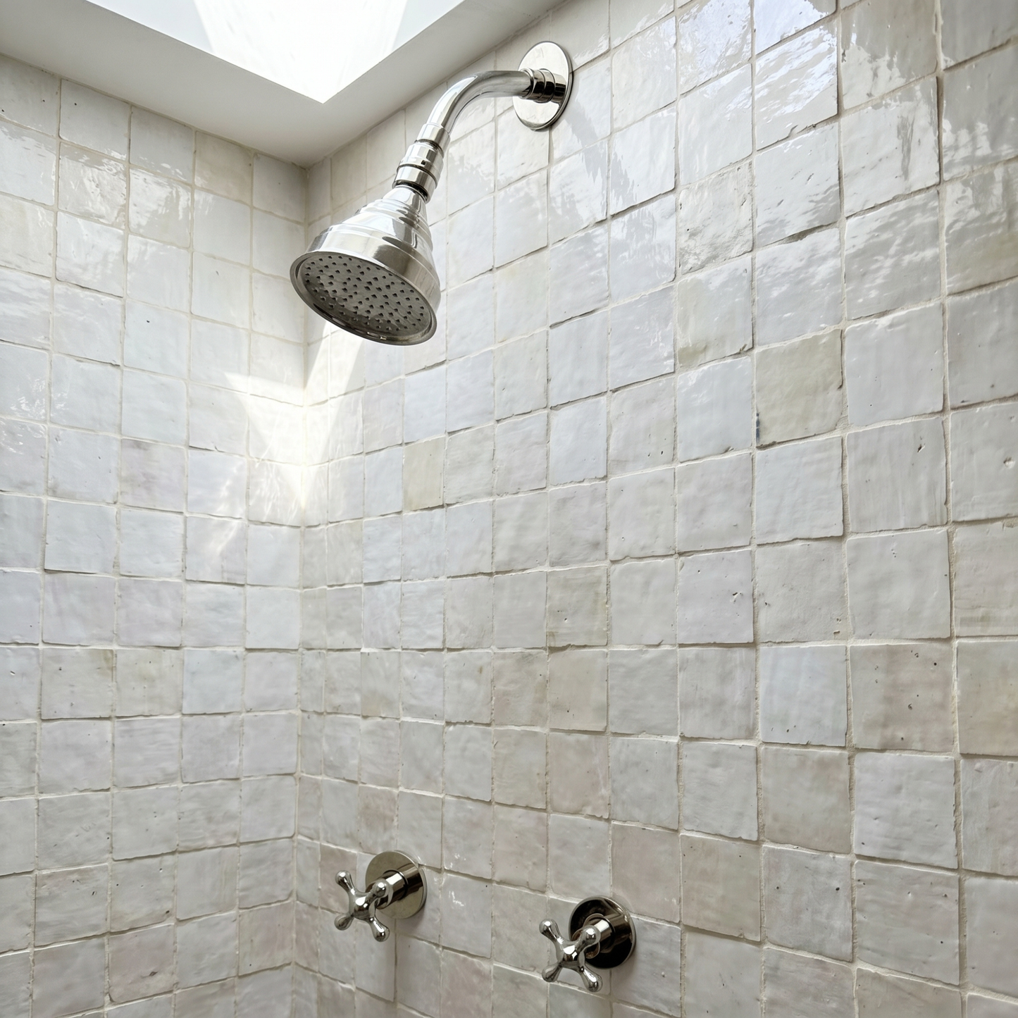 Polished Nickel Shower System with Adjustable Round Rain Shower Head, Short Arm and Cross Handles