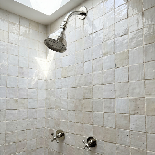 Polished Nickel Shower System with Adjustable Round Rain Shower Head, Short Arm and Cross Handles