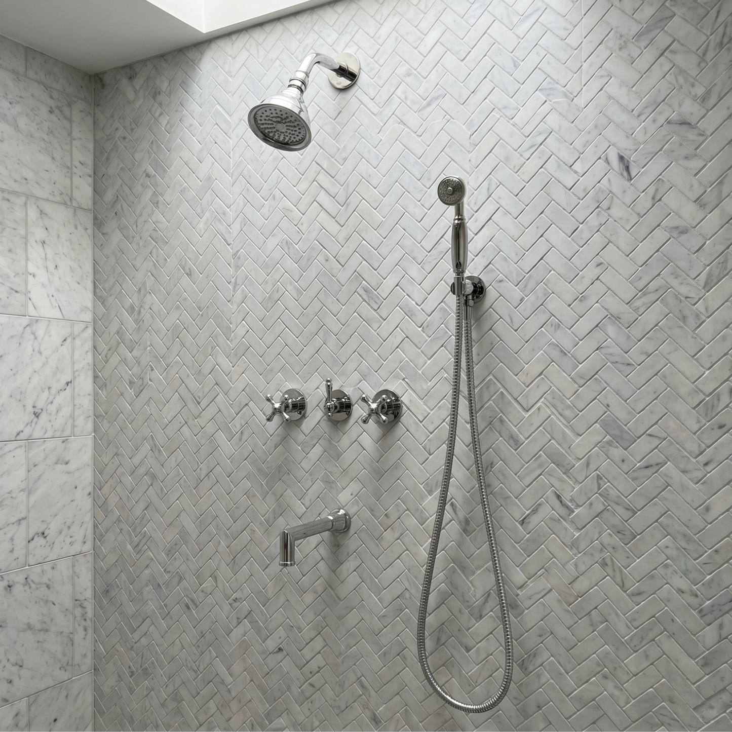 Polished Nickel Shower System with Round Rain Adjustable Shower Head, Handheld Shower Head, Tub Filler and Cross Handles