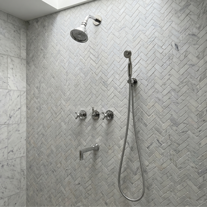 Polished Nickel Shower System with Round Rain Adjustable Shower Head, Handheld Shower Head, Tub Filler and Cross Handles