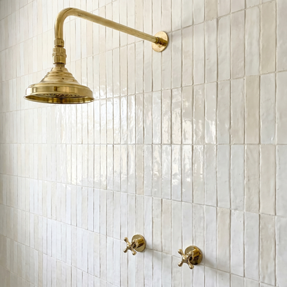 Unlacquered Brass Shower System with Adjustable Round Rain Shower Head, Cross Handles and Straight Arm