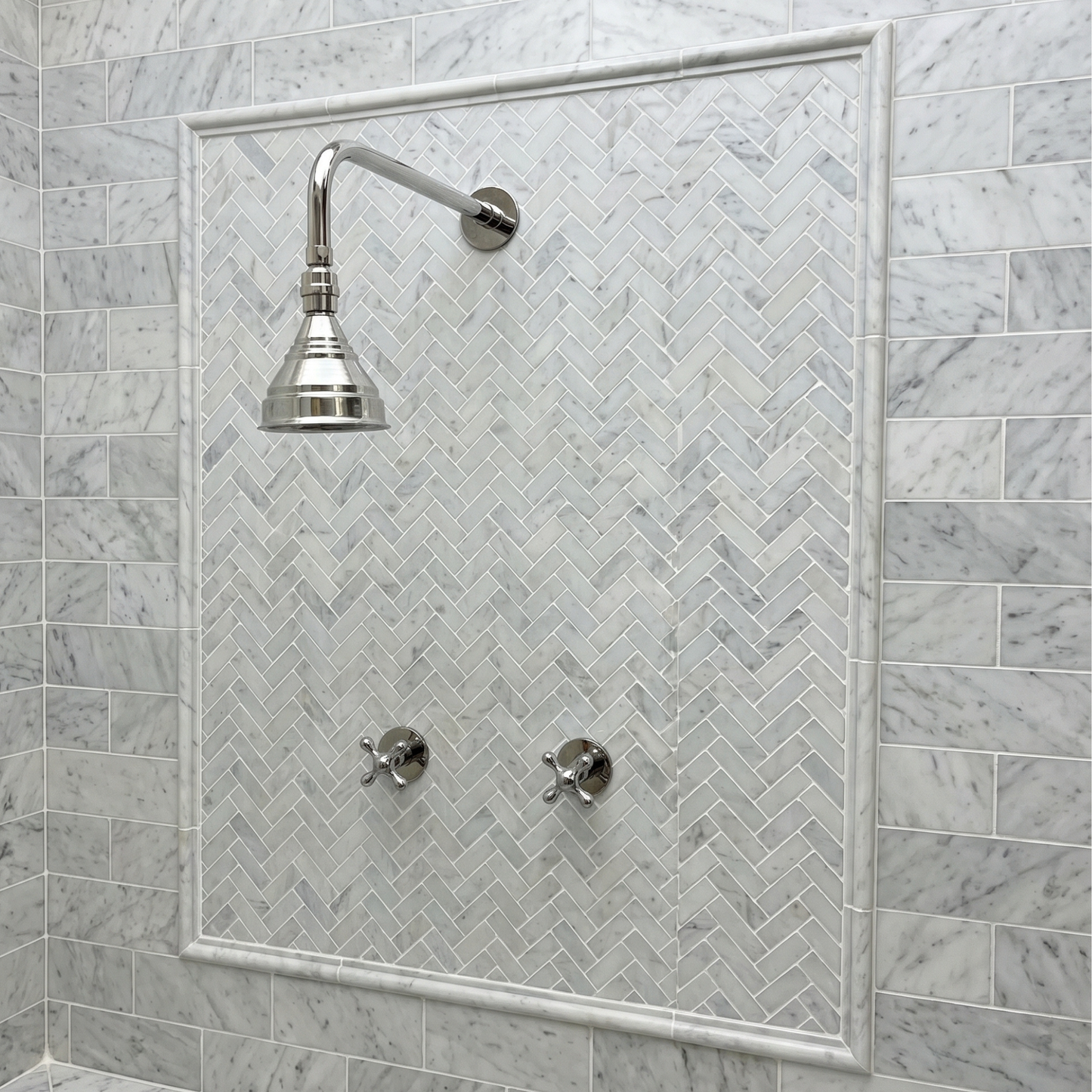 Polished Nickel Shower System with Adjustable Round Rain Shower Head, Straight Arm and Cross Handles