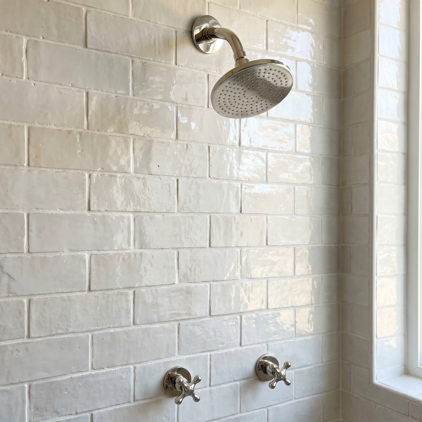 Polished Nickel Shower System with Flat Round Rain Adjustable Shower Head, Short Arm and Cross Handles