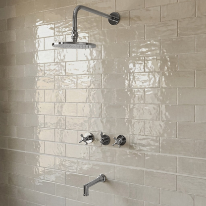 Polished Nickel Shower System with Adjustable Flat Round Rain Shower Head, Tub Filler and Cross Handles