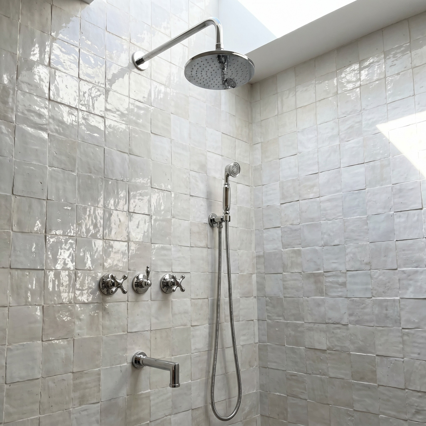 Polished Nickel Shower System with Adjustable Flat Round Rain Shower Head, Handheld Shower Head, Tub Filler and Cross Handles