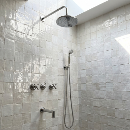 Polished Nickel Shower System with Adjustable Flat Round Rain Shower Head, Handheld Shower Head, Tub Filler and Cross Handles