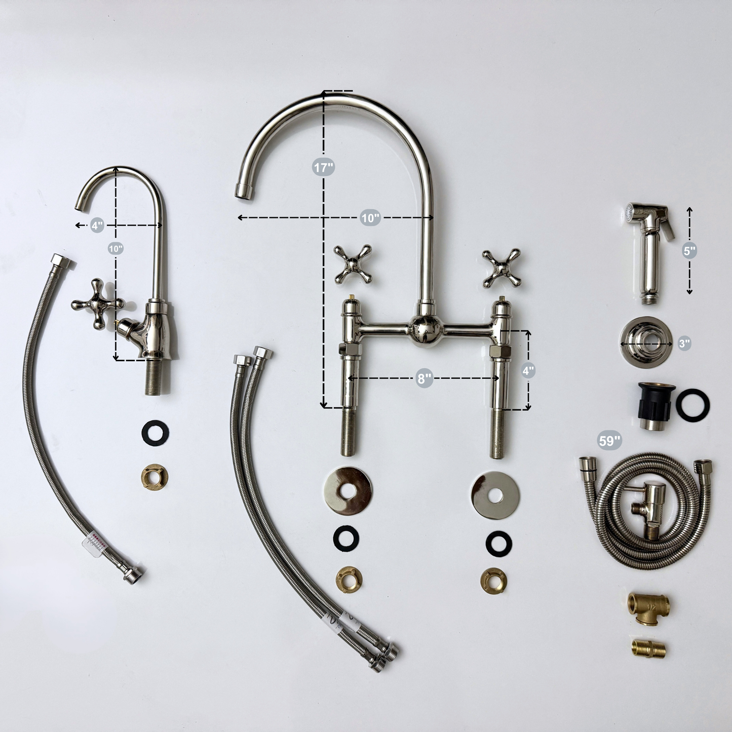 Polished Nickel Bridge Faucet with Sprayer, Cold Water Faucet, Straight Legs and Cross Handles