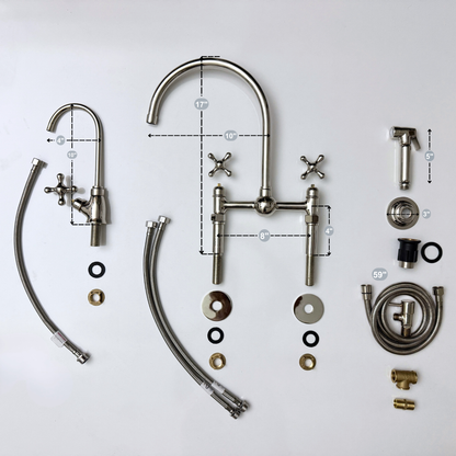 Polished Nickel Bridge Faucet with Sprayer, Cold Water Faucet, Straight Legs and Cross Handles