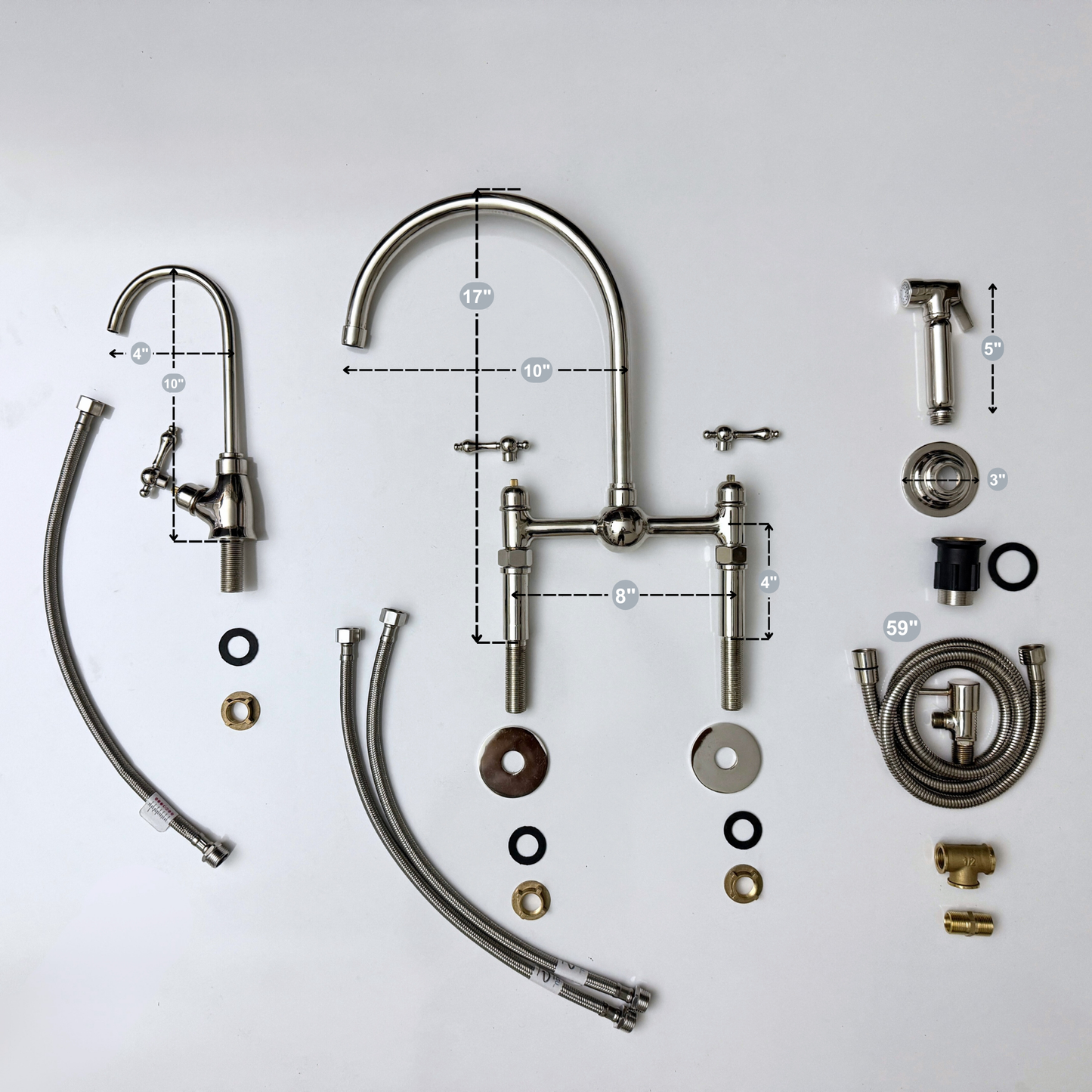 Polished Nickel Bridge Faucet with Sprayer, Cold Water Faucet, Straight Legs and Lever Handles