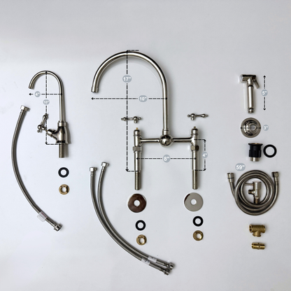 Polished Nickel Bridge Faucet with Sprayer, Cold Water Faucet, Straight Legs and Lever Handles