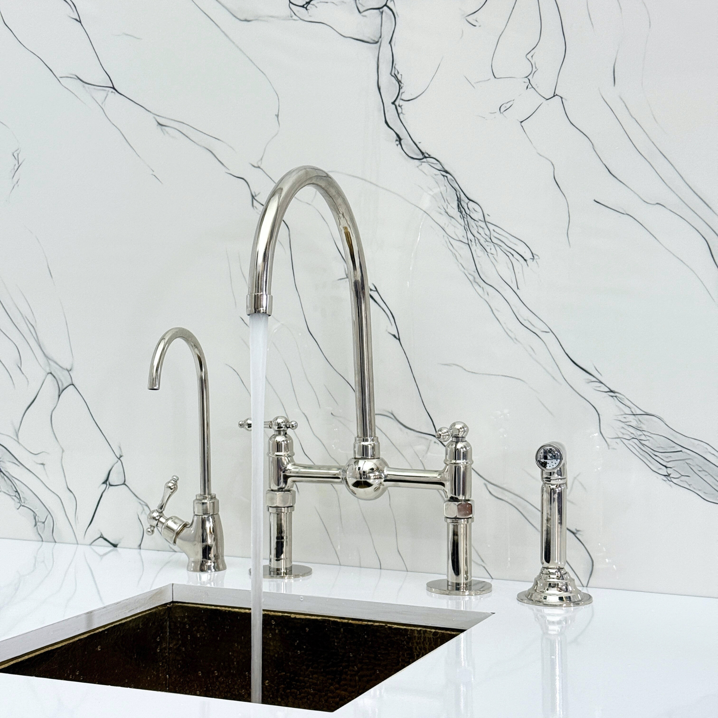 Polished Nickel Bridge Faucet with Sprayer, Cold Water Faucet, Straight Legs and Lever Handles