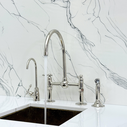 Polished Nickel Bridge Faucet with Sprayer, Cold Water Faucet, Straight Legs and Lever Handles