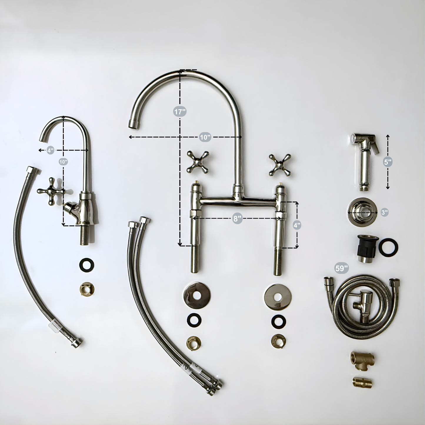 Polished Nickel Bridge Faucet with Sprayer, Drinking Water Tap and Cross Handles