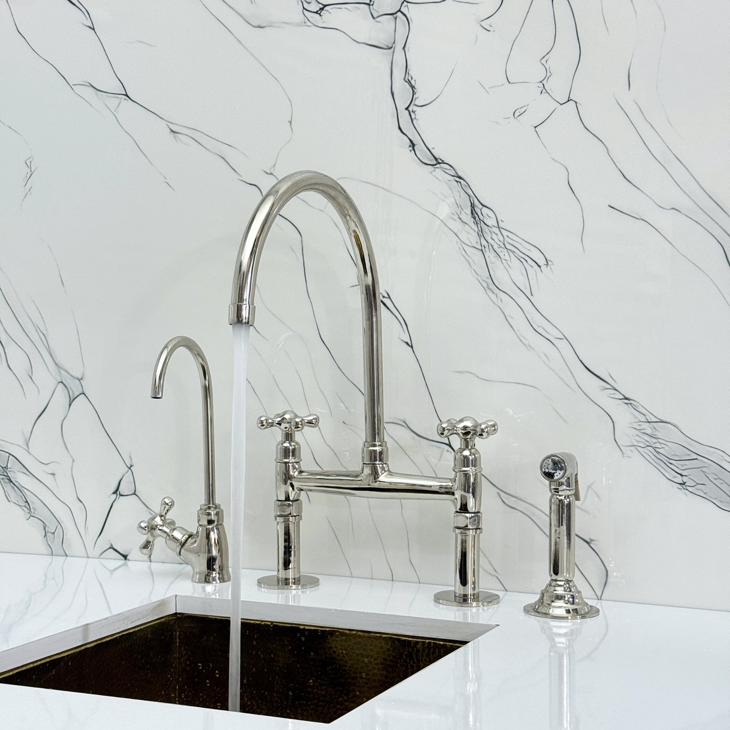 Polished Nickel Bridge Faucet with Sprayer, Drinking Water Tap and Cross Handles