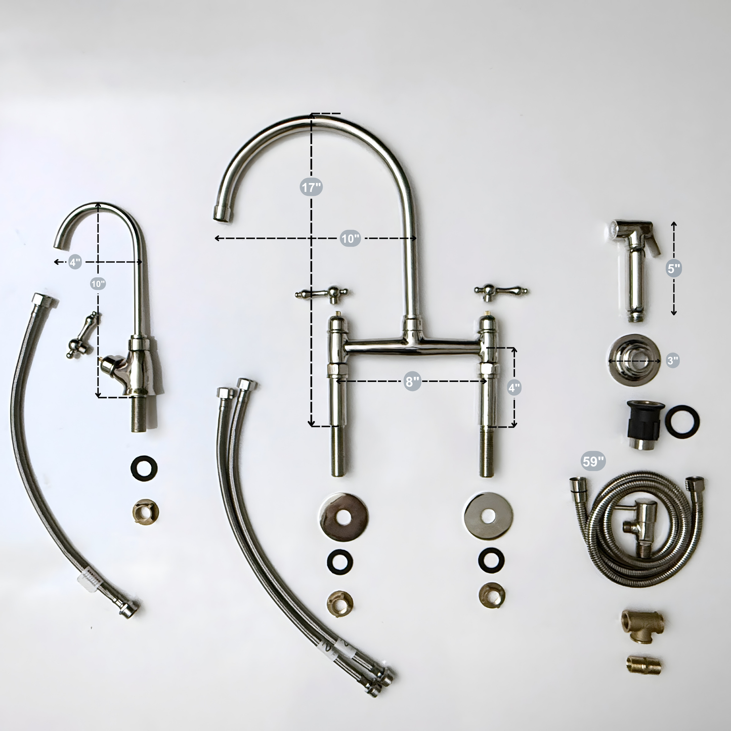 Polished Nickel Bridge Faucet with Sprayer, Drinking Water Tap and Lever Handles