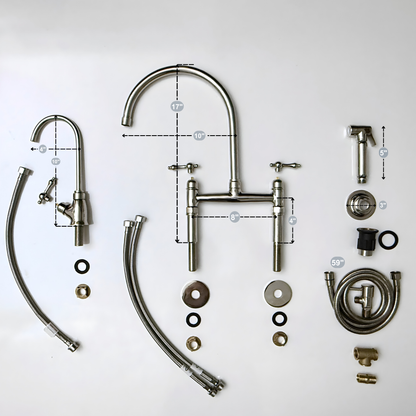 Polished Nickel Bridge Faucet with Sprayer, Drinking Water Tap and Lever Handles