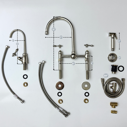 Polished Nickel Kitchen Bridge Faucet with Ball Center, Sprayer, Cold Water Faucet, Straight Legs and Lever Handles