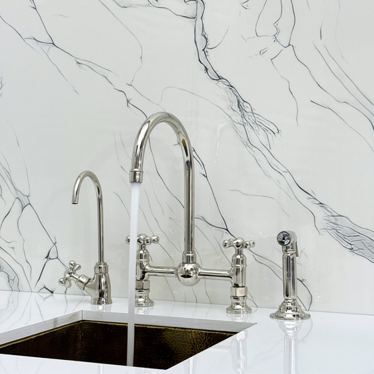 Polished Nickel Bridge Kitchen Faucet with Sprayer, Cold Water Faucet and Cross Handles