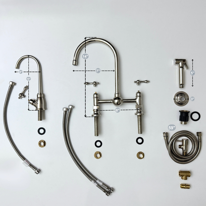 Polished Nickel Bridge Kitchen Faucet with Sprayer, Cold Water Faucet and Lever Handles