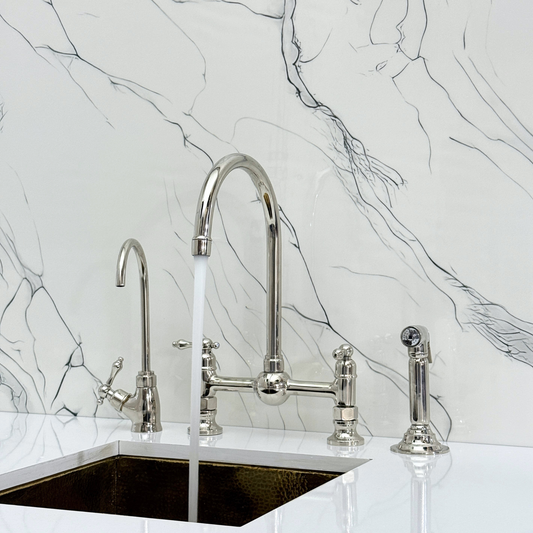 Polished Nickel Bridge Kitchen Faucet with Sprayer, Cold Water Faucet and Lever Handles