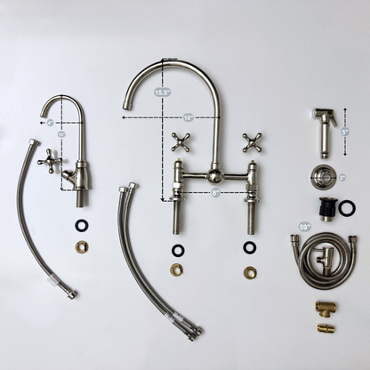 Polished Nickel Bridge Vintage Kitchen Faucet with Ball Center, Sprayer, Cold Water Faucet and Cross Handles