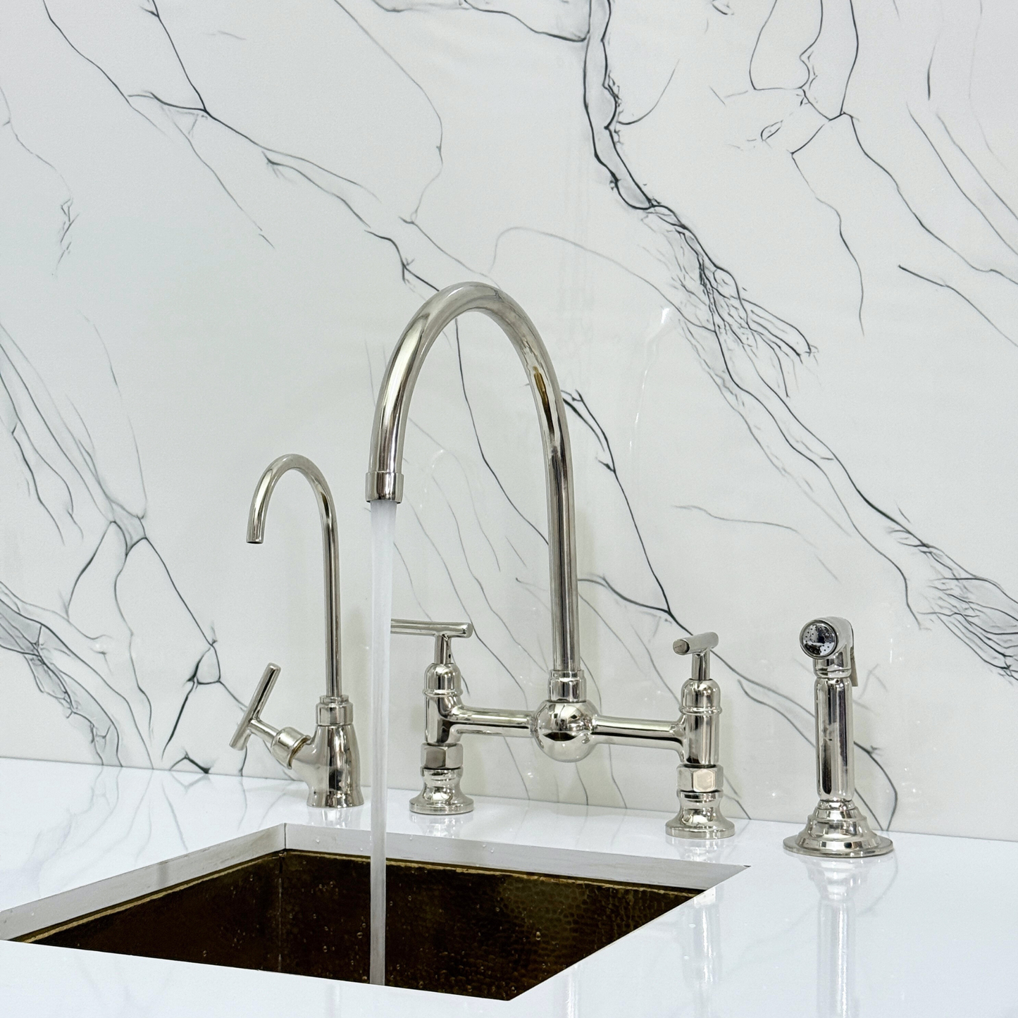 Polished Nickel Bridge Vintage Kitchen Faucet with Ball Center, Sprayer, Cold Water Faucet and Lever Handles