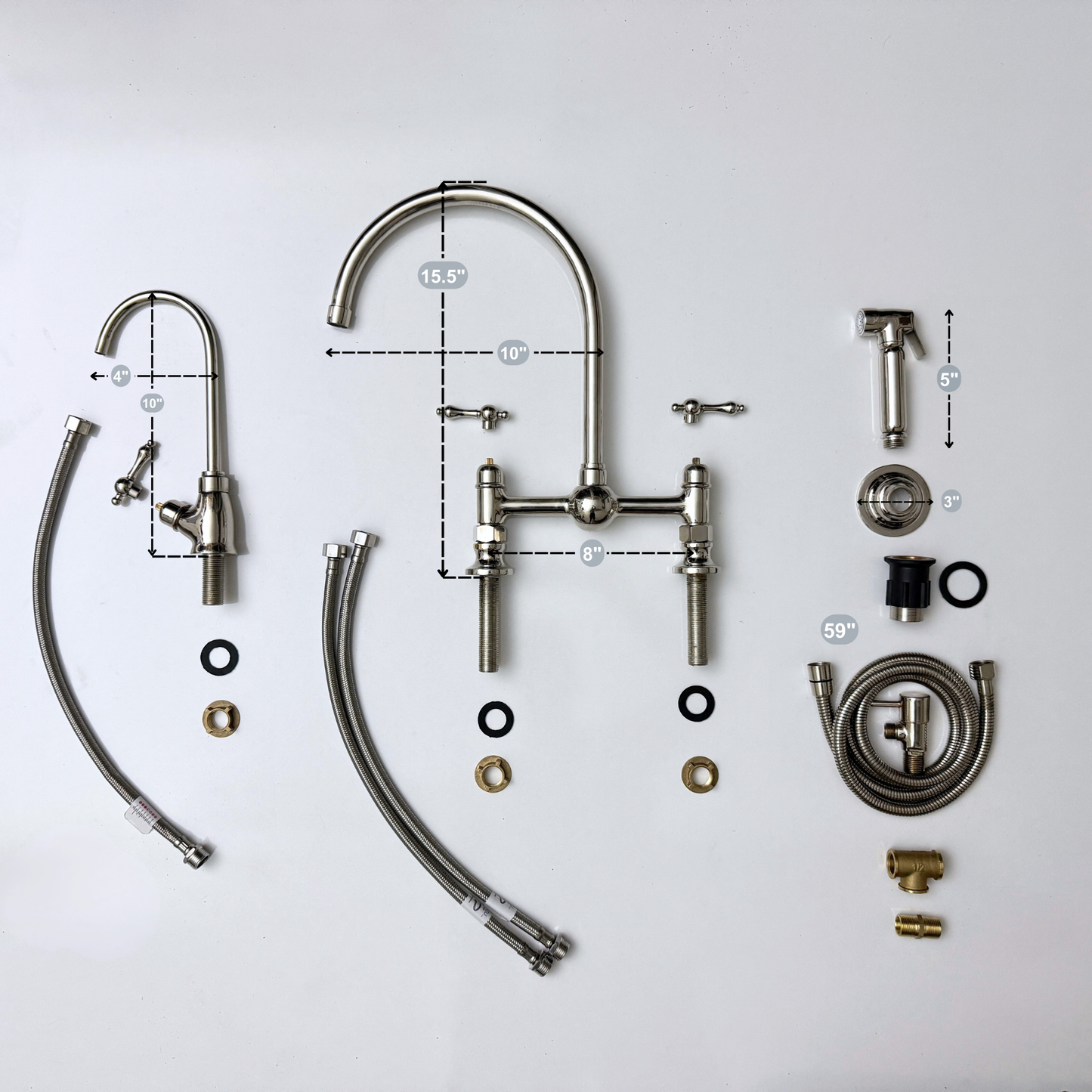 Polished Nickel Bridge Vintage Kitchen Faucet with Ball Center, Sprayer, Cold Water Faucet and Lever Handles