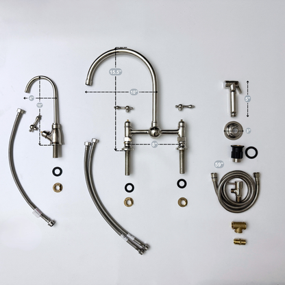 Polished Nickel Bridge Vintage Kitchen Faucet with Ball Center, Sprayer, Cold Water Faucet and Lever Handles