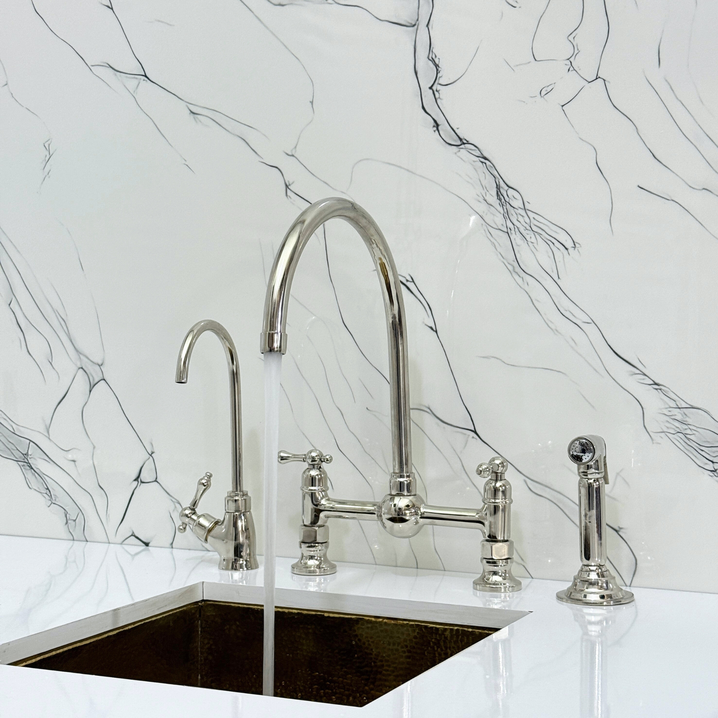 Polished Nickel Bridge Vintage Kitchen Faucet with Ball Center, Sprayer, Cold Water Faucet and Lever Handles