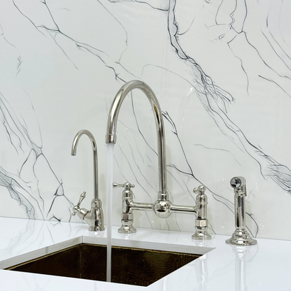 Polished Nickel Bridge Vintage Kitchen Faucet with Ball Center, Sprayer, Cold Water Faucet and Lever Handles