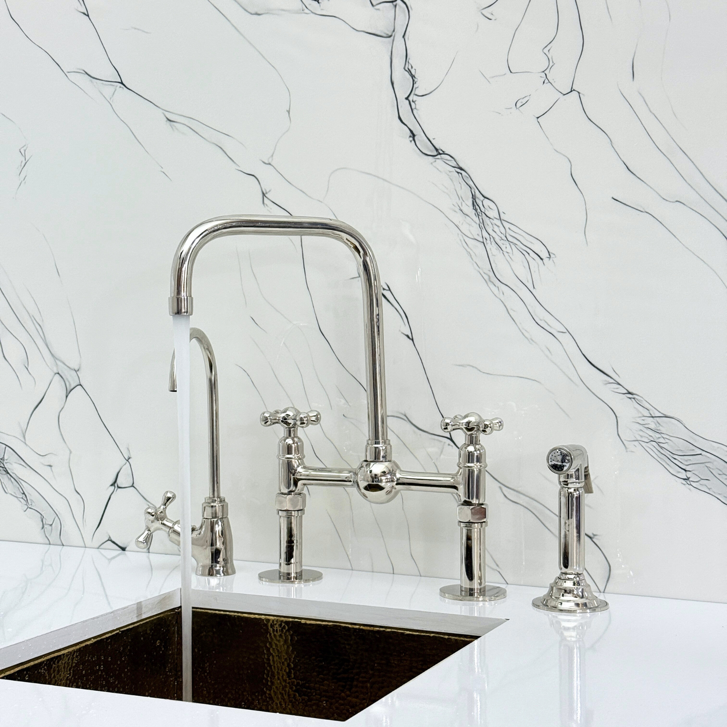 Polished Nickel Classic Bridge Faucet with Ball Center, Straight Legs, Sprayer, Cold Water Faucet and Cross Handles