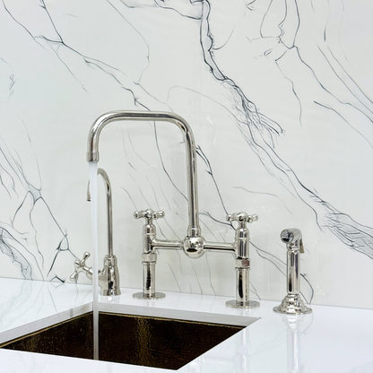 Polished Nickel Classic Bridge Faucet with Ball Center, Straight Legs, Sprayer, Cold Water Faucet and Cross Handles