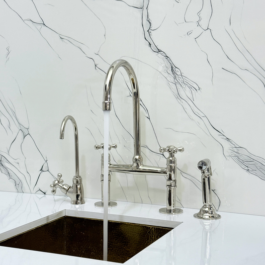 Polished Nickel Kitchen Bridge Faucet with Sprayer, Cold Water Faucet and Cross Handles