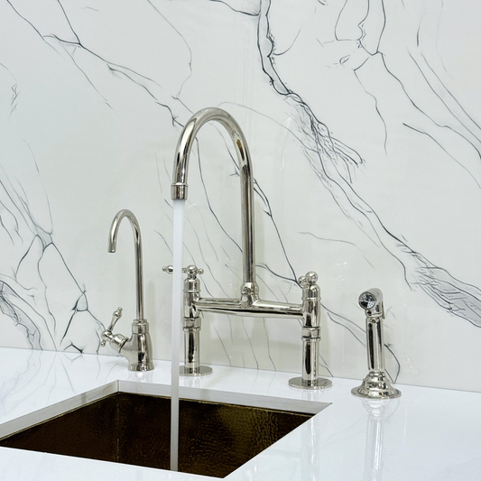 Polished Nickel Kitchen Bridge Faucet with Sprayer, Cold Water Faucet and Lever Handles