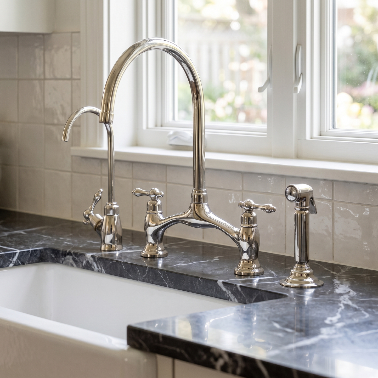Polished Nickel Kitchen Bridge Faucet with Sprayer, Drinking Water Tap and Lever Handles