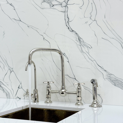 Polished Nickel Classic Bridge Faucet with Ball Center, Sprayer, Cold Water Faucet and Cross Handles