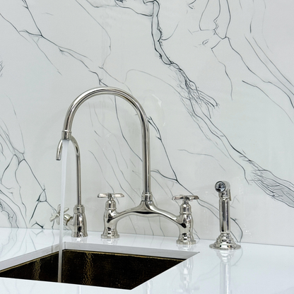 Polished Nickel Kitchen Bridge Faucet with Drinking Water Tap, Sprayer, and Cross Handles