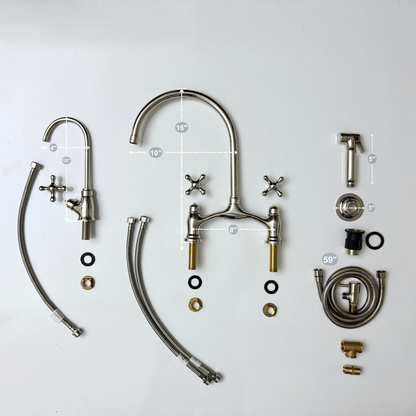 Polished Nickel Kitchen Bridge Faucet with Sprayer, Drinking Water Tap and Cross Handles