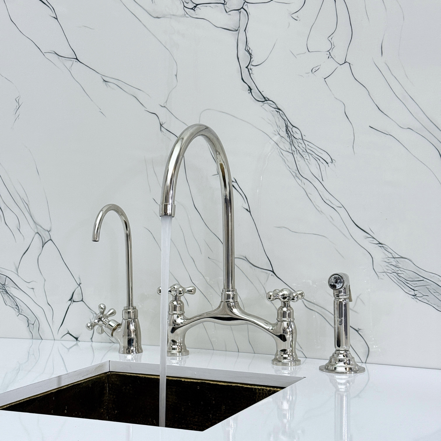 Polished Nickel Kitchen Bridge Faucet with Sprayer, Drinking Water Tap and Cross Handles