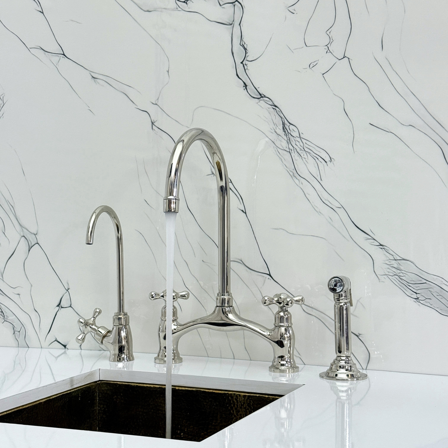 Polished Nickel Kitchen Bridge Faucet with Drinking Water Tap, Sprayer, and Cross Handles