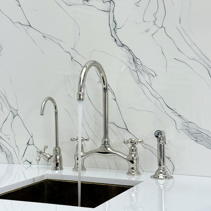 Polished Nickel Kitchen Bridge Faucet with Drinking Water Tap, Sprayer, and Cross Handles