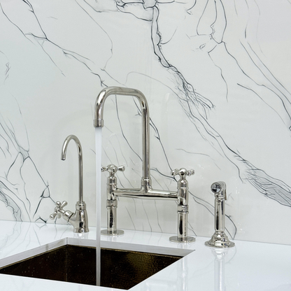 Polished Nickel Classic Bridge Faucet with Sprayer, Cold Water Faucet and Cross Handles
