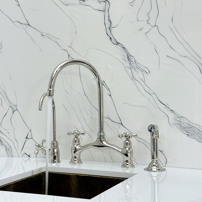 Polished Nickel Kitchen Bridge Faucet with Drinking Water Tap, Sprayer, and Cross Handles