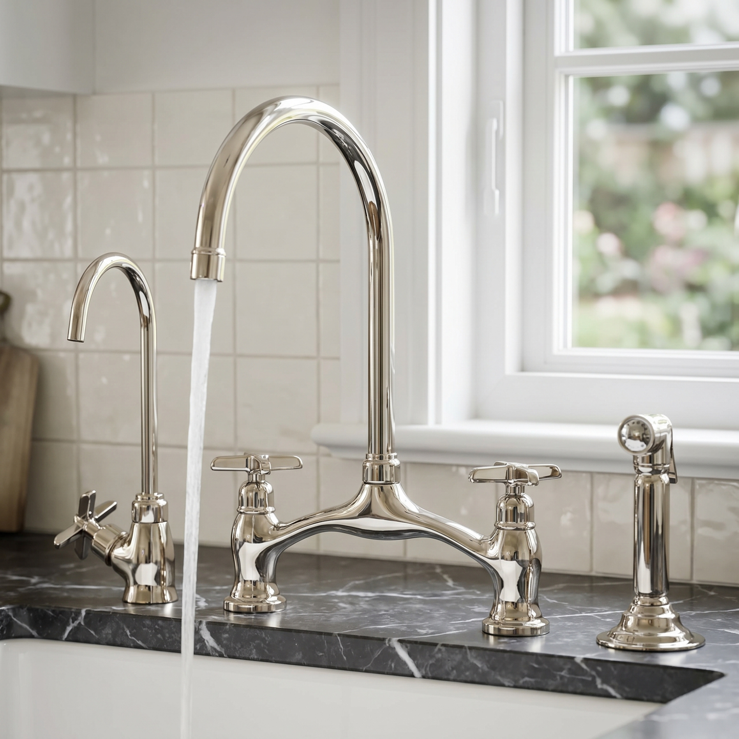 Polished Nickel Kitchen Bridge Faucet with Drinking Water Tap, Sprayer, and Cross Handles