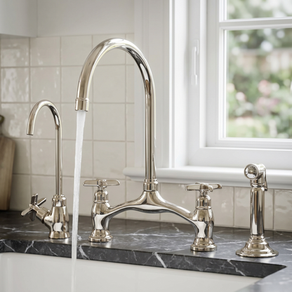 Polished Nickel Kitchen Bridge Faucet with Drinking Water Tap, Sprayer, and Cross Handles