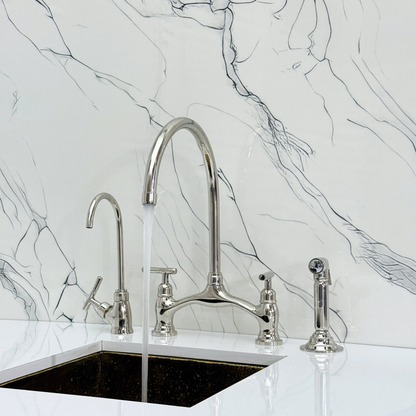 Polished Nickel Kitchen Bridge Faucet with Sprayer, Drinking Water Tap and Lever Handles