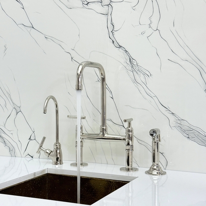 Polished Nickel Classic Bridge Faucet with Sprayer, Cold Water Faucet and Lever Handles