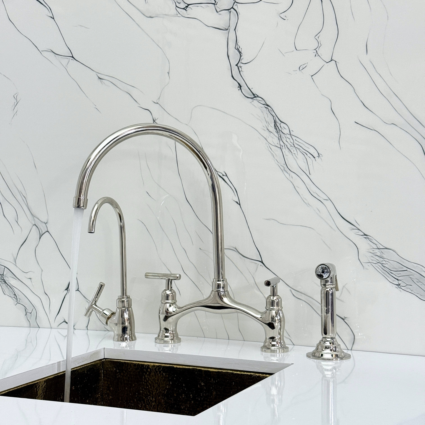 Polished Nickel Kitchen Bridge Faucet with Sprayer, Drinking Water Tap and Lever Handles