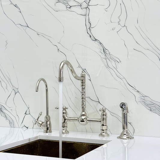 Polished Nickel Victorian Bridge Faucet with Ball Center, Sprayer, Cold Water Faucet, and Lever Handles